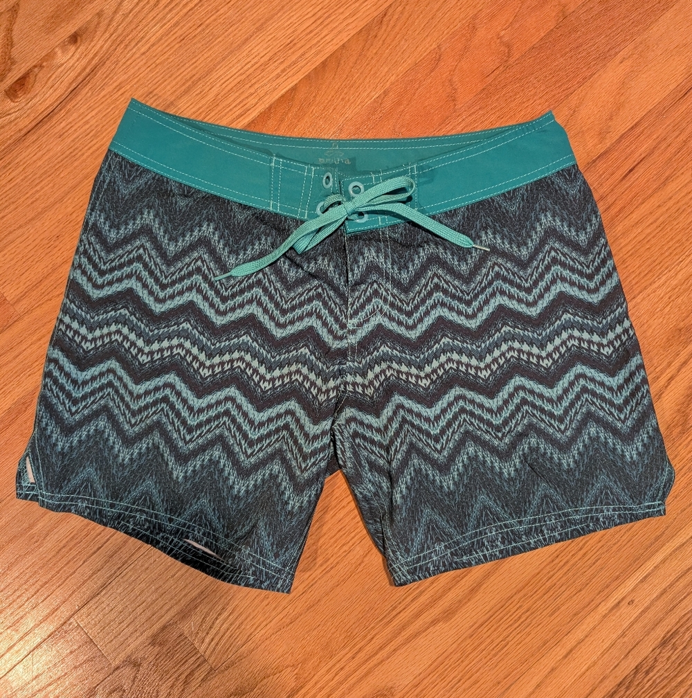 Prana Teal and Black Zigzag Women's Swim Shorts- Size Small